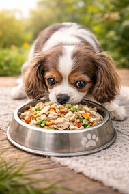 Dog food bowl with a happy dog nearby