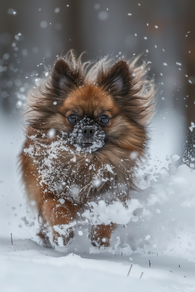 pomeranian running in the snow
